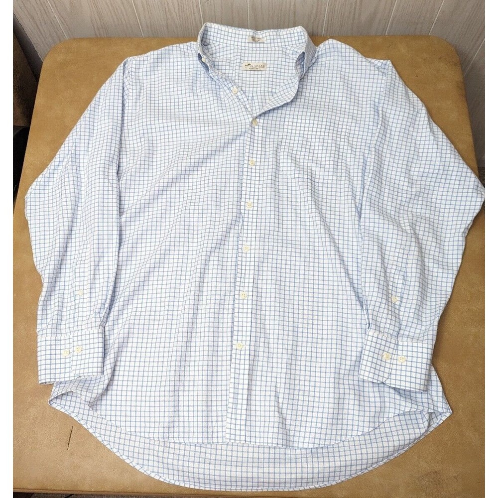 Peter Millar Men XL Shirt Nanoluxe Easycare Button Down Plaid Blue Long Sleeve